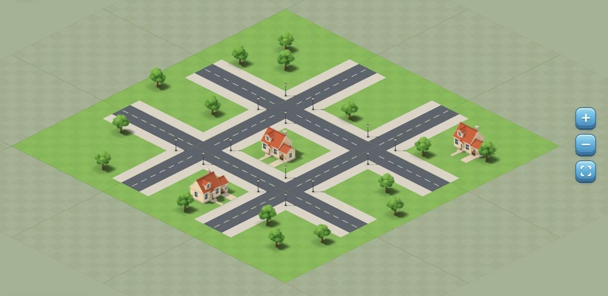 A whole base from above, as a visitor sees it: grass crossed by roads, with My Company buildings, trees and street lamps.